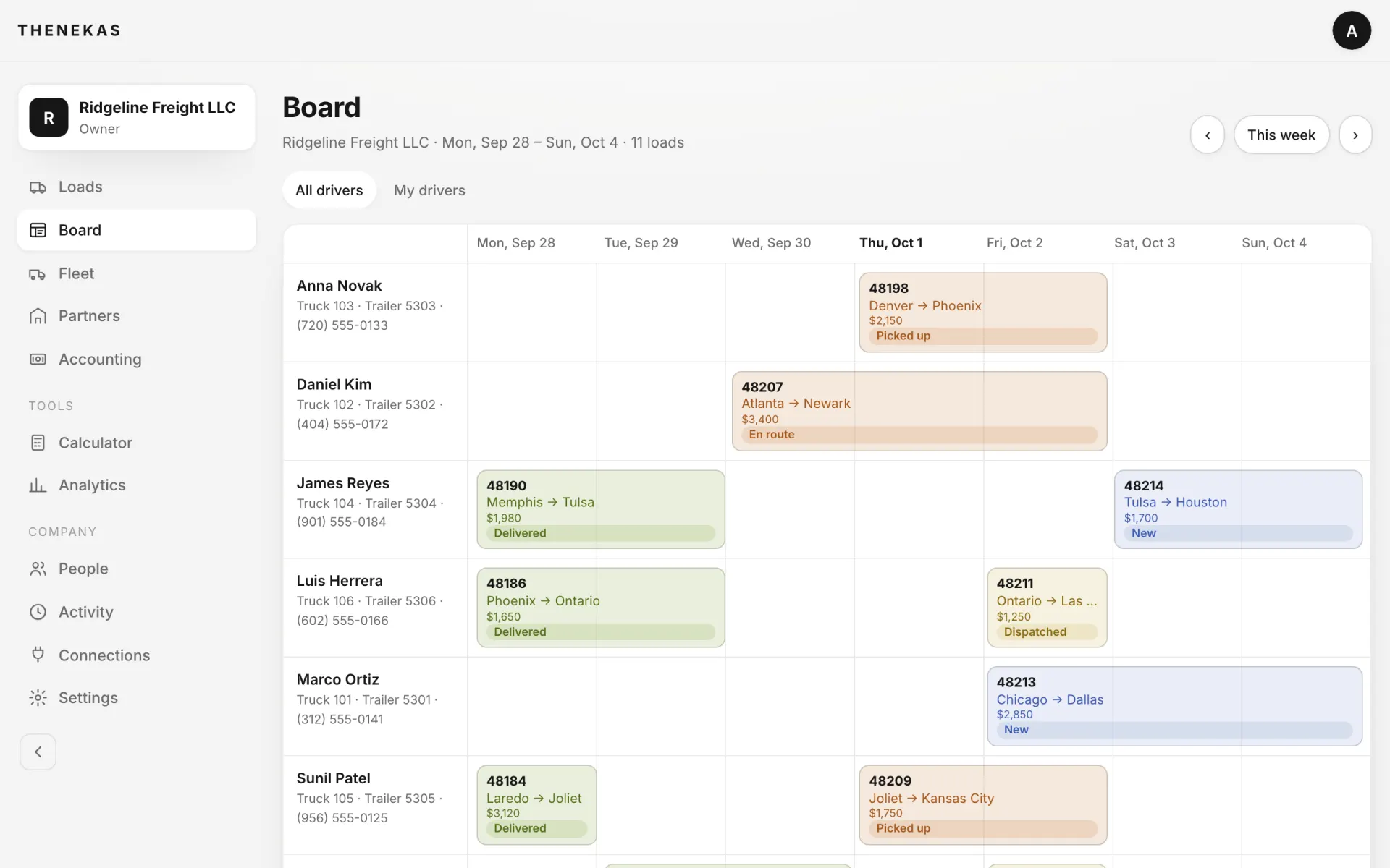 Board: one row per driver with truck, trailer and phone, the week's loads laid out by day and colored by status.