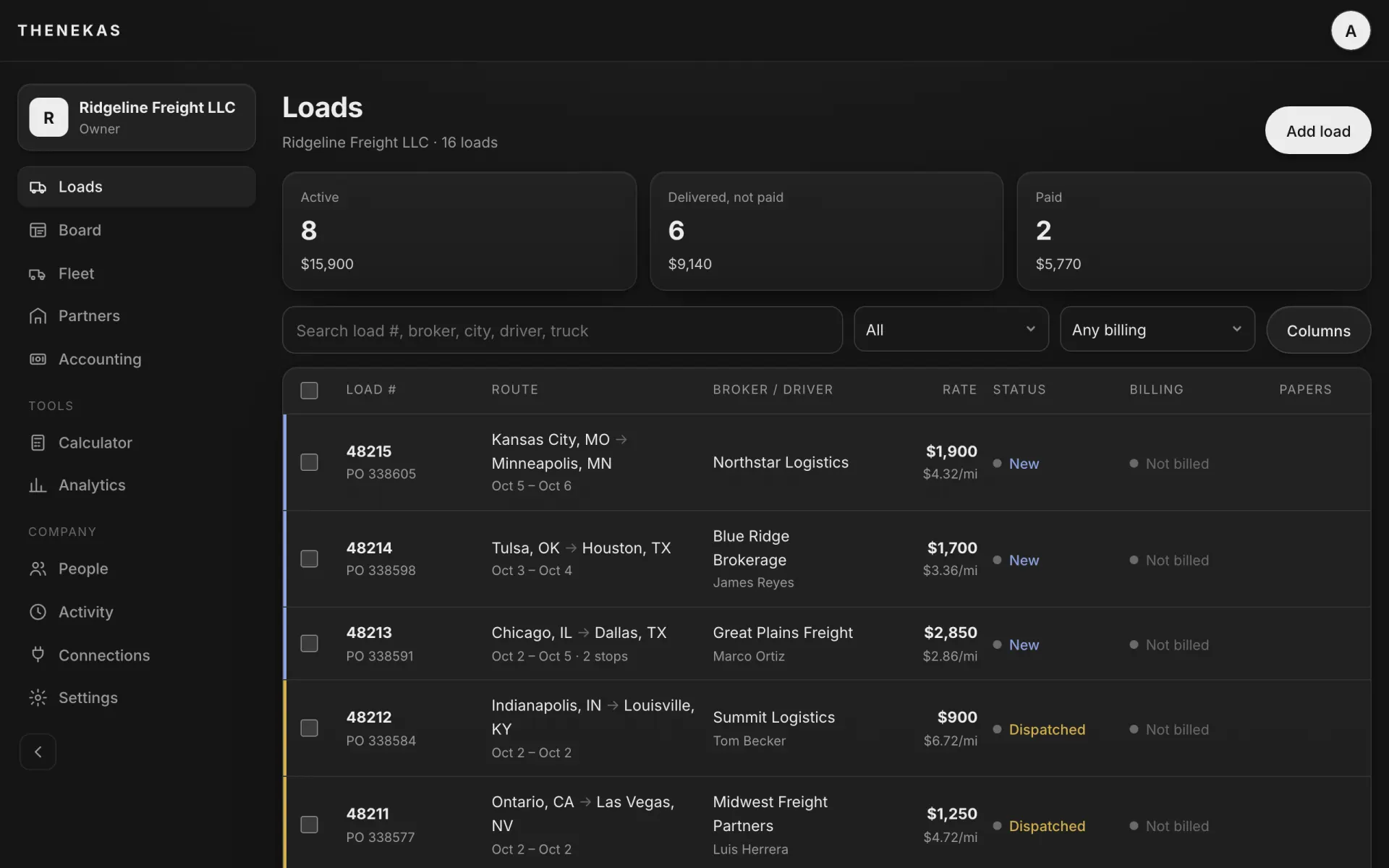 Loads list in the dark theme.